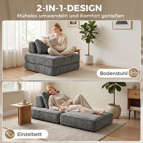 Canapé Nuage 2-en-1 Sans Armature, Fauteuil de Sol Chenille Pliable avec Coussin de Soutien Épais, Gris (1/5)