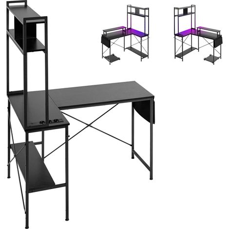 Bureau Gaming en L avec LED, 1,2m Reversible Coin Ordinateur, Support Moniteur, Prises, Support CPU Mobile et Étagère, Table PC Moderne pour Maison et Bureau (1/5)