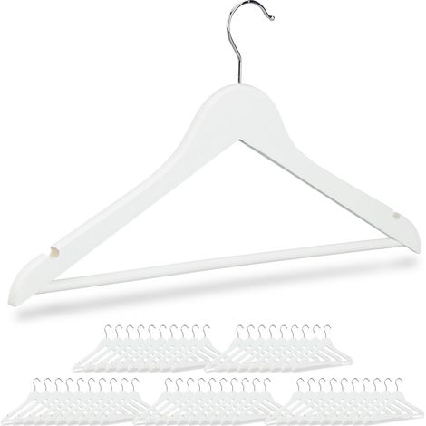 Set da 50 Grucce in Legno, Asta per Pantaloni, Tacche Laterali, Gancio Girevole a 360°, 44,5 cm, Bianco