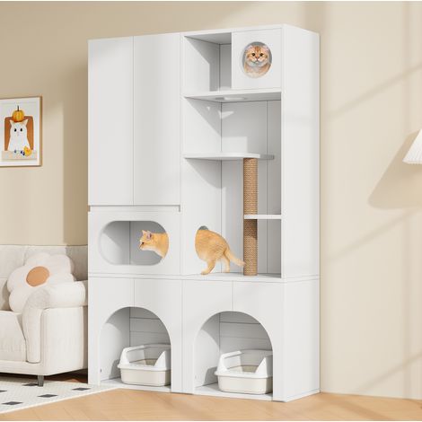 Meuble litière chat avec griffoir et rangement, 140 x 45 x 195 cm, blanc OKMYHOME (1/5)