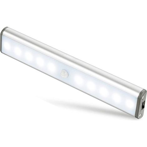 Lampes 10 LED, Sans Fil, Rechargeable par USB, Aimanté, Détecteur de Mouvement, Portable. Lumière de Placard, Baladeuse de Secours, Veilleuse Enfant, Appoint,Argent (1/5)