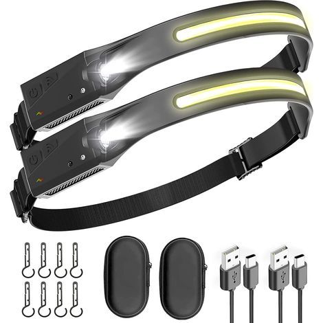 COB Lampe Frontale Rechargeable, Légère étanche LED Lampe Frontale, 2 pcs Détecteur de Mouvement Super Lumineux, éclairage à 230°, 4 Modes 350 Lumen, for Enfants Adultes Camping Randonnée [Classe éner (1/5)