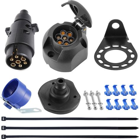 Prise Remorque 7 Broches 12V Étanche Pour Voiture, Caravane RV, Avec Kit Support de Montage et Joint Arrière (SK0703D) (1/5)