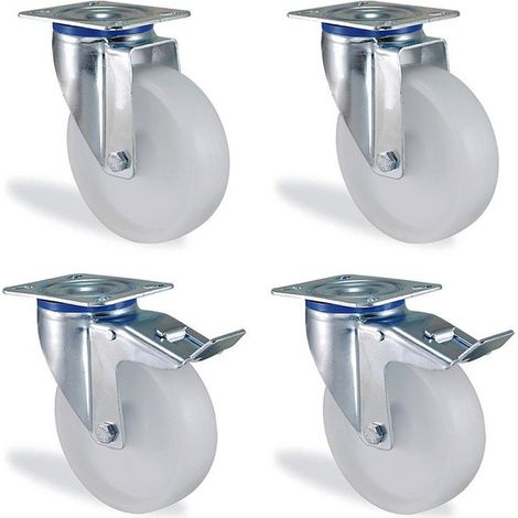 Lot de 4 roulettes pivotantes 80mm – Charge 300kg – Polypropylène blanc – Pour surfaces variées – 2 à frein – HTR