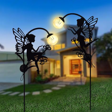 Ensemble de 2 piquets solaires en forme de fleur féerique pour jardin, en fer étanche, pour la décoration extérieure de votre cour. (1/4)
