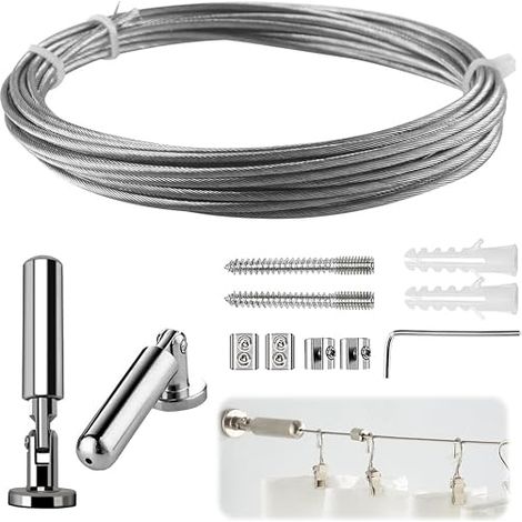 5 m Curtain Rod Kit, Steel Cable for Curtain Hanging Wire for Photo Hanging Stainless Steel Wire for Hanging Curtain Clothes Photos Outdoor Indoor Silver (1/5)