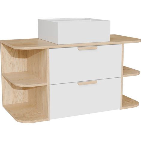 Mobile bagno sospeso con nicchie e lavabo da appoggio quadrato Bianco e naturale chiaro L100 cm – AVORELI (1/5)