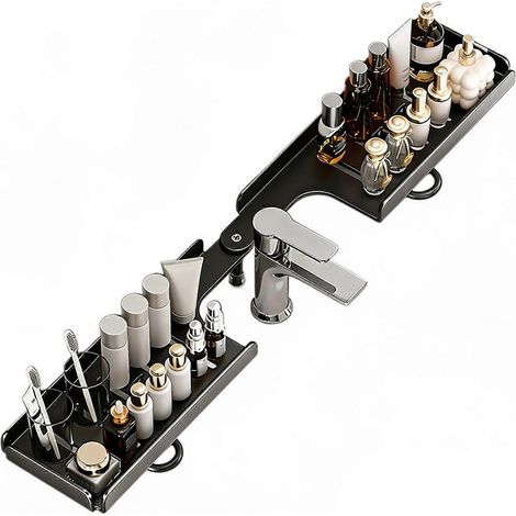 Porte-éponge de cuisine sans perçage pour évier, étagère rotative en acier au carbone robuste à angles multiples, pouvant contenir savon et brosse à dents, 60 cm, noir (1/5)