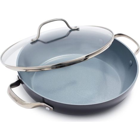Poêle à frire antiadhésive en céramique dure anodisée de 28 cm avec couvercle, sans PFAS, sans induction, sans risque pour le lave-vaisselle, sans risque pour le four, gris (1/5)