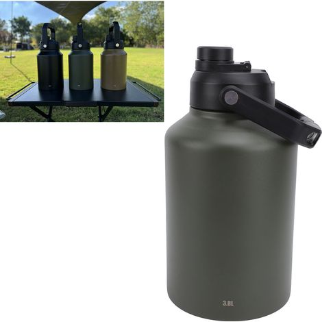 Botella deportiva de 3,8 litros: botella de agua de acero inoxidable con doble pared aislante para acampar, hacer ejercicio y mucho más (verde militar). (1/5)
