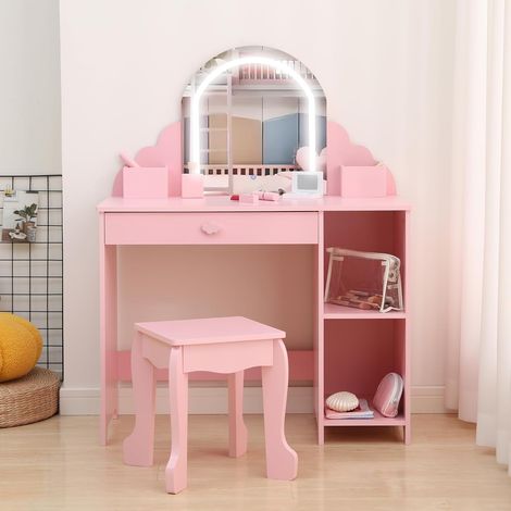 Table de Coiffeuse et Bureau 2-en-1pour Enfants+Miroir LED––Coiffeuse Maquillage et Table d’Étude+Tiroirs-Rose +accessoires (1/5)