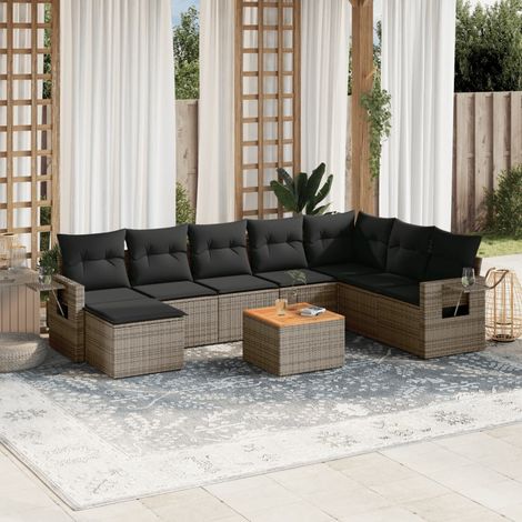 Ensemble Salon Jardin 7 Pièces Gris Résine Tressée avec Coussins, Table Acacia et Accoudoirs à Plateau Intégré (1/5)