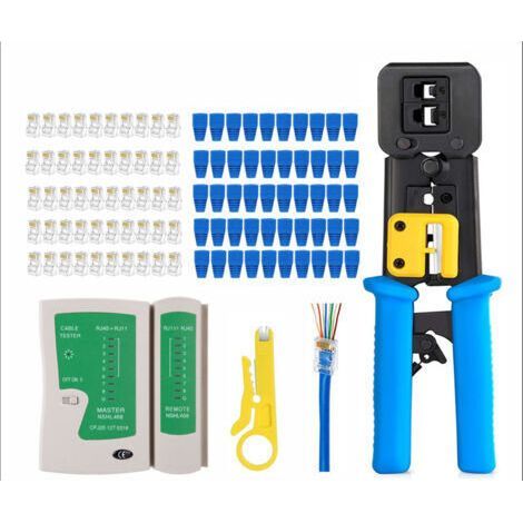 Testeur de câble + outil à sertir RJ45 pour passer à travers CAT6 Cat5e Cat5 Outil à sertir pour RJ45/RJ11 standard, 50 connecteurs CAT5 CAT5e (1/5)