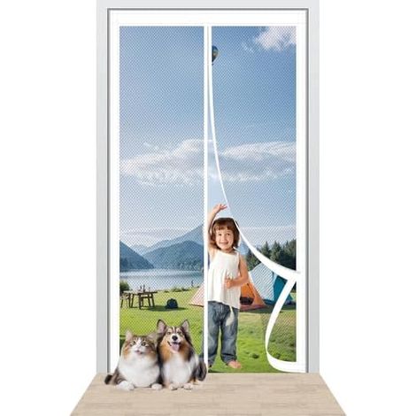 Moustiquaire Porte Magnetique 138 x 220 cm Maille Ultra Fine Porte Moustiquaire Aimantee Sans Perçage Installation Facile pour La Plupart Les Types de Fenêtres Ou Porte, Blanc (1/5)