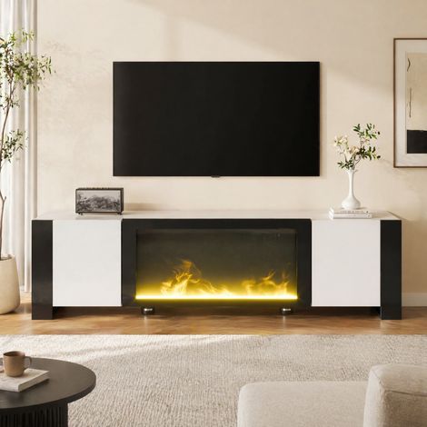 Mueble TV con chimenea eléctrica decorativa, efecto llama, 165 x 55 x 32 cm, blanco y negro HAVRYA (1/5)
