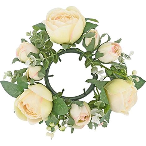 Couronne artificielle de roses et de verdure, porte-bougie pilier décoratif pour porte ou centre de table de salon-Yellow (1/5)