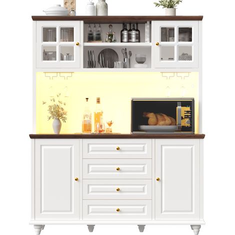 Buffet haut de cuisine Blanc,meuble de rangement moderne avec éclairage LED,avec 4 tiroirs,140x40x179.5cm,cuisine,salon (1/5)