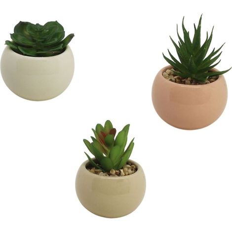 TRADE SHOP - Set 3pz Vasetto In Ceramica Colorato Sferico Con Piantina Artificiale Assortita 8cm 164254 - (1/2)