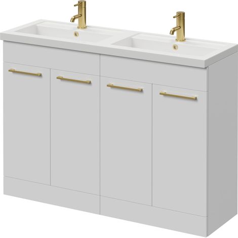 Napoli 390 Gloss White 1200mm 4 Door Vanity Unit with Double Lucia Basins - 1200mm - Brushed Brass 160mm Handle
