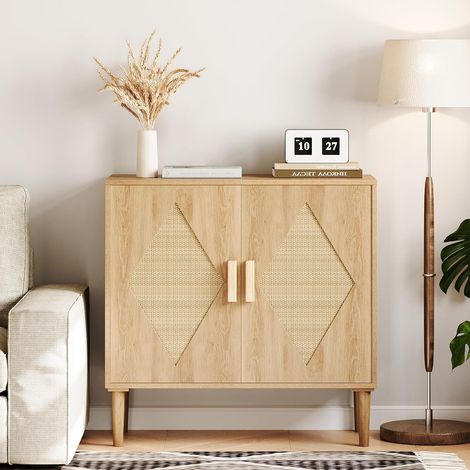 Buffet Bas en Bois avec 2 Portes en Rotin, Meuble de Rangement Style Bohème et Scandinave pour Salon, Chambre, Entrée, Commode avec Pieds en Bois, 80x37x79cm, Couleur Naturelle (1/5)