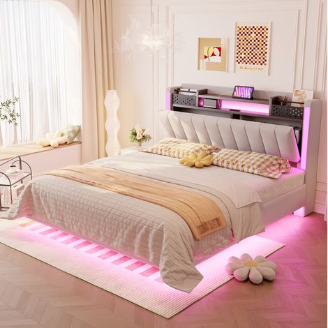 Polsterbett mit Stauraum, LED und USB 140x200 Beige OKMYHOME (1/5)