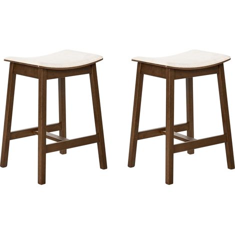 Lot de 2 Tabourets de Bar Assise Tapissée Bois Marron Foncé et Blanc Cassé Dixon