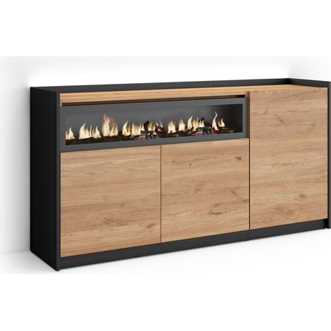 Skraut Home - Aparador para salón, Gran capacidad de almacenaje, 156x37x80cm, 3 Puertas, Chimenea eléctrica, LED, Estilo Moderno, Roble y negro (1/5)