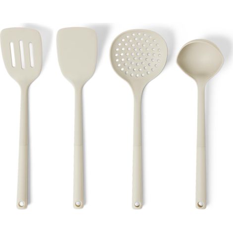 Lot de Cuillères et de Louches de Cuisine en Silicone, Lot de 4 Pièces, Manche Ergonomique Souple, Sans BPA, Compatible Lave-Vaisselle, Couleur Gris Lin (1/5)