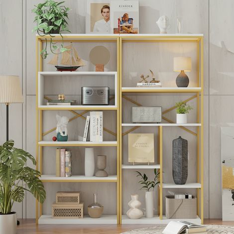 Étagère rectangulaire robuste 180x160x29,5 cm, design moderne minimaliste, tube acier et panneaux MDF, finition or et blanc, facile à monter et entretenir, Or + Blanc (1/4)