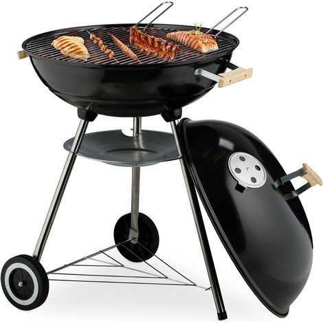 Relaxdays Kettle BBQ, Ø 54 cm Grill, Outdoor Charcoal Barbecue with Wheels, Freestanding, Ash Catcher, Smoker, Black