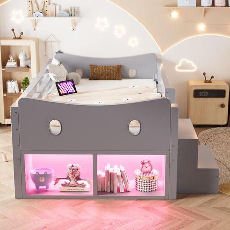 Lit enfant 90x200 cm avec marches, rangements, 4 tiroirs, barrières de sécurité, LED, USB et USB-C – Gris (1/5)