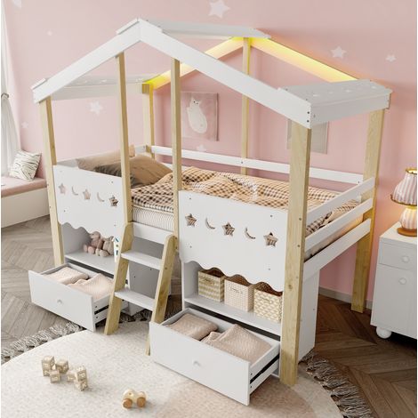 DESVIAE Lit mezzanine enfant maison 90 x 200 cm avec LED rangements et 2 tiroirs blanc et naturel en pin (1/4)