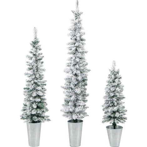 COSTWAY Set di 3 Alberi di Natale Artificiali da 90 CM + 120 CM + 150 CM, Alberi di Natale Slim Innevati con 120 + 140 + 160 Punte di Rami e Barili di Metallo Riempiti di Cemento