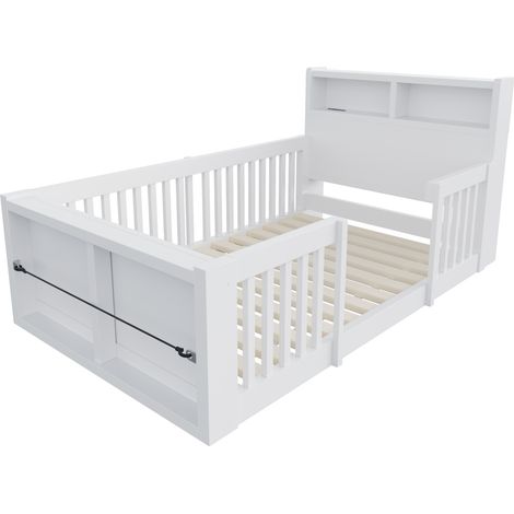 Cama infantil 90x190 cm de madera blanca con barandillas altas, USB, luz nocturna y hueco (1/5)