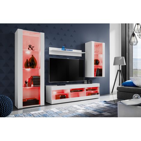 Komodee Ensemble de Meubles Tivoli Medio, Blanc/Blanc, Largeur 245cm x Hauteur 159cm x Profondeur 35cm, LED RGB, 3 étagères, pour Salon, Chambre, Entrée (1/5)