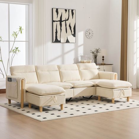 Canapé Modulable en U 4 Places avec 2 Poufs Coffres, Agencement en L ou Grande Méridienne, Pieds en Bois Massif, Chenille Beige (1/5)
