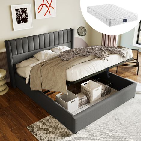 Lit double 140x200 coffre hydraulique, sommier lattes bois et métal, structure en lin gris (avec matelas) (1/5)