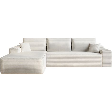 Canapé d'angle modulaire 270 cm avec chaise longue réversible, assise profonde, velours côtelé blanc, sans montage, pour salon, chambre et appartement CHICFURN (1/5)