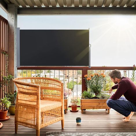 Store latéral, 140x300cm Auvent latéral Extensible Brise-Vue Opaque, Coupe-Vent, Protection Solaire, Paravent Extérieur, pour Balcon, Terrasse et Jardin, Polyester, Anthracite M8716-EM-1x (1/5)