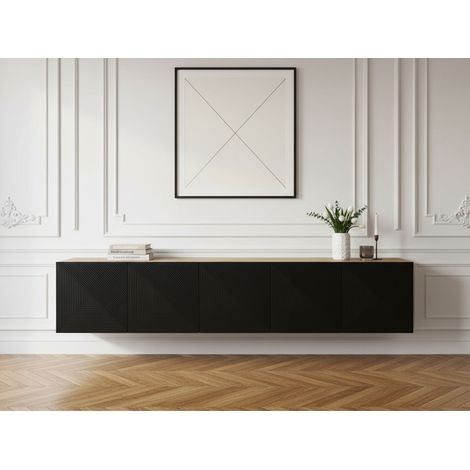 Bobochic – Meuble TV suspendu 200 cm – Style moderne avec façade chevronnée – 4 portes – 6 étagères – Fabriqué en Europe – Passe câble inclus (1/5)