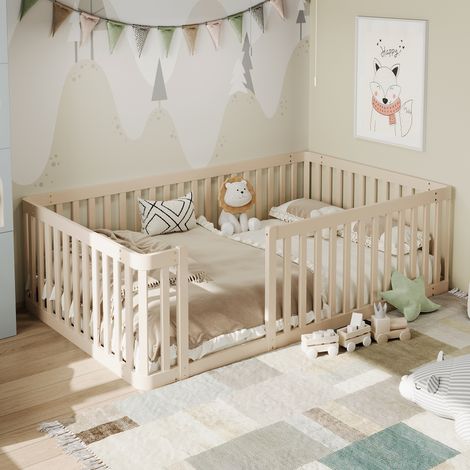Letto per bambini in legno massello di pino, colore crema, 90x200 cm, con sponda di sicurezza.