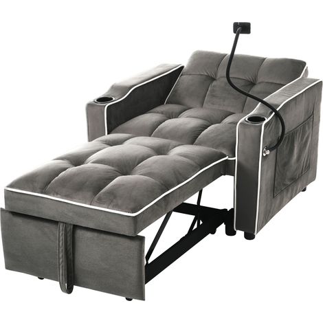 Divano letto singolo 3 in 1 in velluto grigio scuro con portabicchieri HOMVRA (1/5)