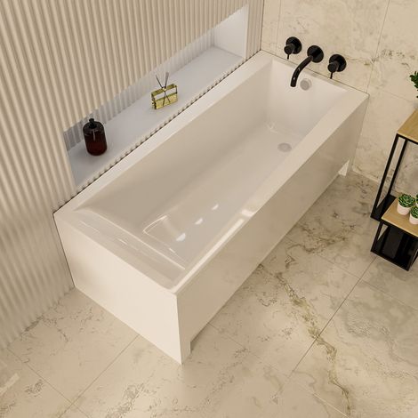 ECOLAM Badewanne Linda 160 x 75 cm + Schürze Acrylverkleidung Rechteck Acrylwanne weiß glänzend Ablaufgarnitur Ab- und Überlauf Füße Silikon