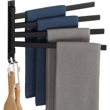 Handtuchhalter mit 4 um 180° drehbaren Stangen, Wandmontage, aus Edelstahl SUS304, ideal für Bad und Küche, mattschwarz, Schraubmontage, EGKN2520HD-4-B