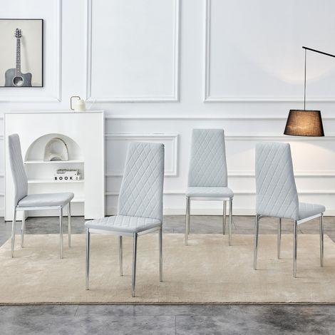 Silla de comedor de PU gris claro con patron de rombos y patas metalicas, juego de 4,38×38×98cm (1/5)