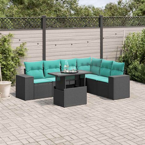 7-teiliges Gartensofa-Set mit Kissen, schwarzes Polyrattan (1/5)