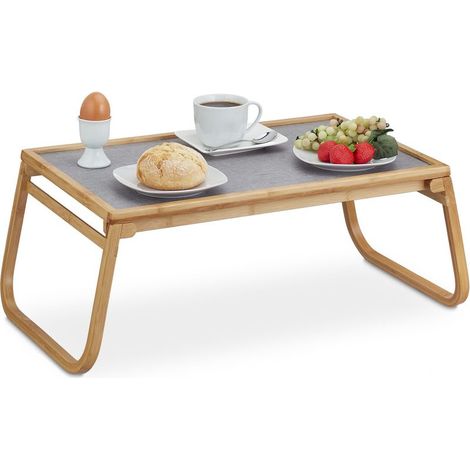 Plateau de lit bambou, pieds pliables, bord élevé, tablette petit-déjeuner, HLP 23 x 60 x 33 cm, nature/gris (1/5)