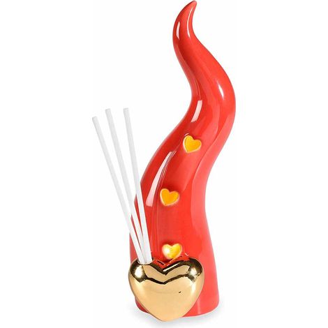 Cornetti portafortuna in porcellana rossi con luci LED, cuore in simil oro lucido e stick per profumare, set da 3 pezzi, cm 6,5 x 7,5 x 19 H