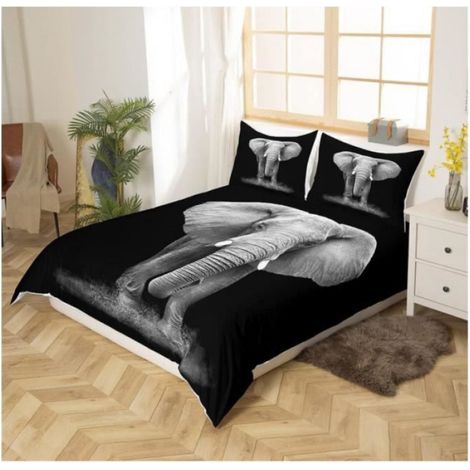 Housse De Couette - Elefant - 220x240 Cm - Animaux Sauvages - 3D - Noir Gris - 3 Pièces (1/4)