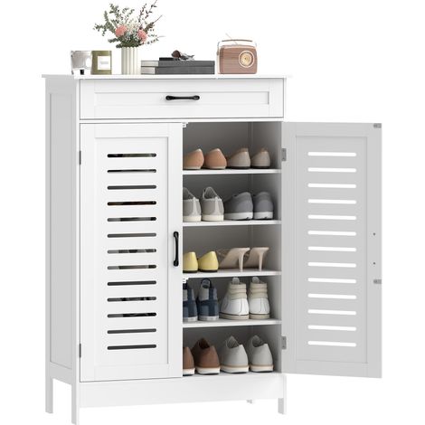 Meuble à chaussures 20 paires, armoire à chaussures avec 2 portes persiennes, tiroir et étagères réglables, blanc (1/5)